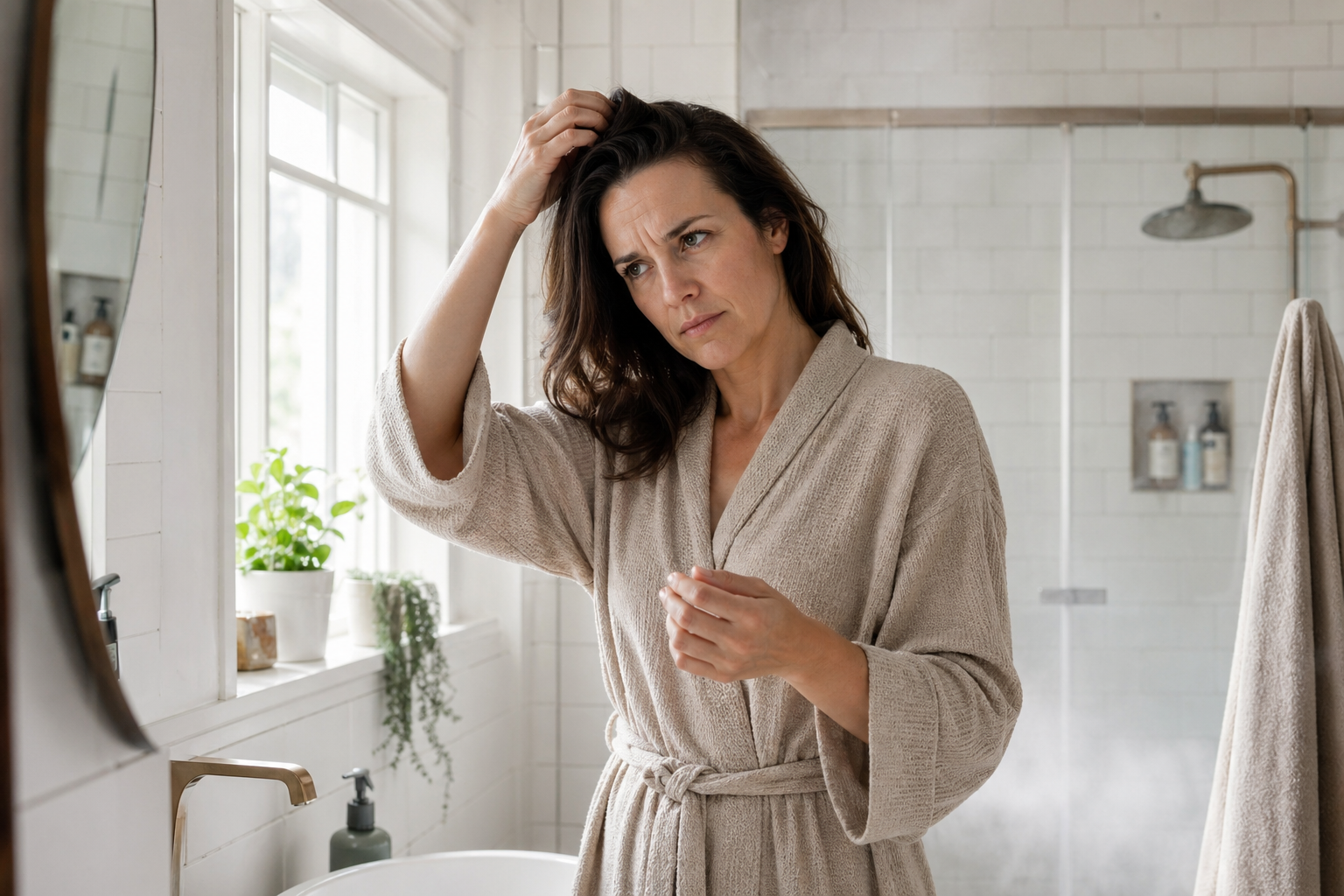 Woman in robe in a bright bathroom considering her hair after showering
